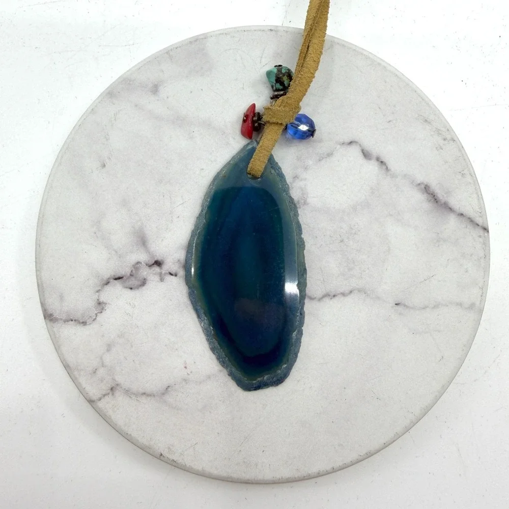 Blue Agate Slice Pendant Necklace Suede Cord Beaded Boho Statement Jewelry Gift